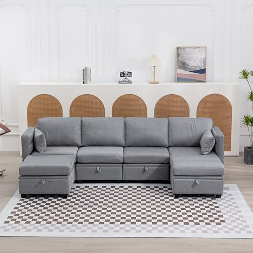 Zepneiy Sofá con función de dormir, sofá grande de 6 plazas en forma de U, diseño moderno, muebles tapizados, sillón de salón con espacio de almacenamiento y reposabrazos plegables, muebles de salón