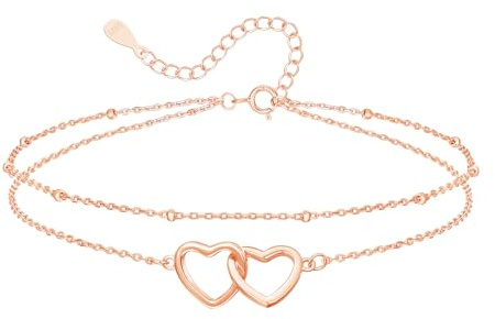 Cangall Fußkettchen für Damen, 925 Sterling Silber Fussketten für Frauen, 22+5cm Verstellbar Sommer Barfuß Strand Silber Fußkettchen Armband, Filigranes Design mit Doppelt Herz Fußkette am Fußgelenk