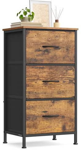 SONGMICS Chest of Drawers, 3 Fabric Drawers Storage Unit, Steel, MDF, Non-Woven Fabric, for Bedroom, Closet, Hallway, Living Room, Rustic Brown and Ink Black LGS313BH03