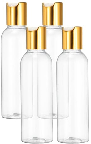 sourcing map 4 Pcs Plastic Travel Bottles, 2 oz Empty Shampoo Bottles with Gold-White Disc Top Caps Clear Refillable Travel Squeeze Containers for Lotions Cosmetics Body Soap, Clear