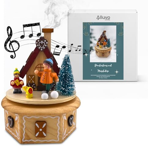 Räucherhaus mit Musikdose Holz für Räucherkegel S M L 2in1 Weihnachtsdeko | Winterszene mit Melodie Oh Tannenbaum - dekoratives Räucherkerzenhaus und Geschenkidee für Advent und Winter