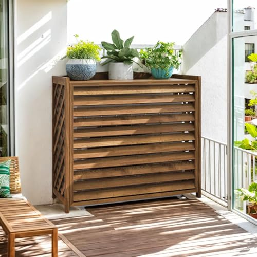 Klimaanlage Abdeckung Außengerät Holz Balkont Klimaanlage Sichtschutzzaun Holz Verkleidung Für Klimaanlagen Außengerät Und Wärmepumpen Wetterfest UV-Schutz Blumenregal(100x44x93cm)
