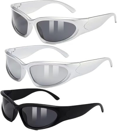 TJHDSF 3 Stück Rave Brille, Y2K Sonnenbrille Herren Damen UV400 Festival | Futuristische Techno Brille, Sonnenbrille Rave mit Wrap Around Design, leichte UV400 Brille für Sport, Radsport und Outdoor