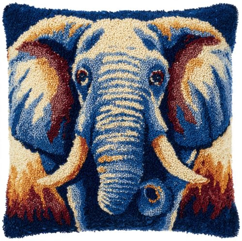 Henypt Latch Hook Kit Cushion, Animals Elephant DIY Pillow Materials Hooks Knitted Embroidered Pillow Embroidery Latch Hook Carpet Kit,17x17inch