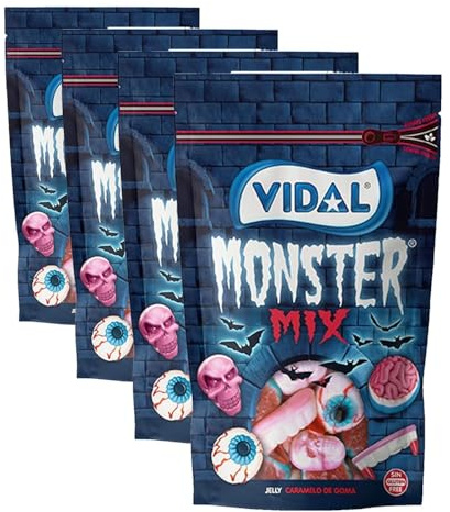 Vidal Golosinas. Monster Mix - Selección de chuches terróríficas, con intenso sabor a fresa y fresa-nata. Sin Gluten. Sin Grasa. Bolsa 180g (Paquete de 4)