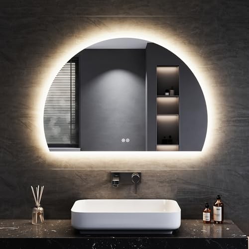 SONNI Specchio da bagno con illuminazione semicircolare, 100 x 70 cm, specchio LED con interruttore touch e dimmerabile, anti-appannamento, 3 colori di luce regolabili, specchio da bagno con