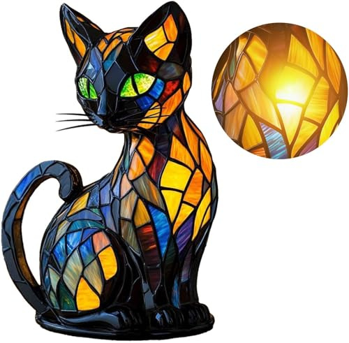 MASINIES Buntglas-Katzenlampe, LED-Hunde-Tischlampen, Retro-Tisch-Nachtlicht, Kunstharz, Heimdekoration für Büro, Wohnung, Wohnzimmer (#1)