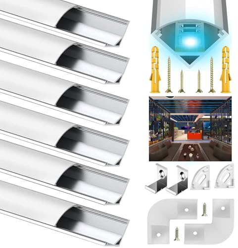 Rogisi LED Aluminium Profil, 6X1M Stripe Kanal V Form Schiene für 10mm LED Streifen, Kanäle Leiste Aluprofil Eckprofil Strip Diffusor mit Milchig Weißer Abdeckung und 45 Grad Eckverbindern
