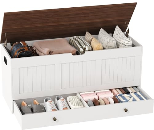 HOMEFORT 44.3 Storage Chest with 2 Drawers, Large Shoe Bench with Storage for Entryway, Retro Wooden Storage Trunk with 2 Safety Hinges, Storage Bench for Bedroom, Living Room, White and Brown