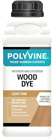 Polyvine Wood Dye – Interior Exterior Wood Colour Restorer – Quick Drying, Water Based Intermixable Woodwork Sealer Any Colour for Furniture, MDF, Ply, Hardwood, Softwood - Light Oak, 500 ml
