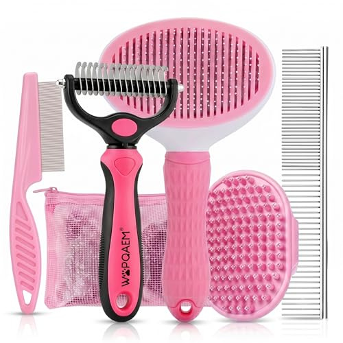 WOPQAEM Dog Grooming Kit Dogs Brush 5 Pack - Slicker Brush,Undercoat Rake, Pet Comb, Flea Comb, Bath Brushes for Short & Long Haired Dogs & Cats, Pink