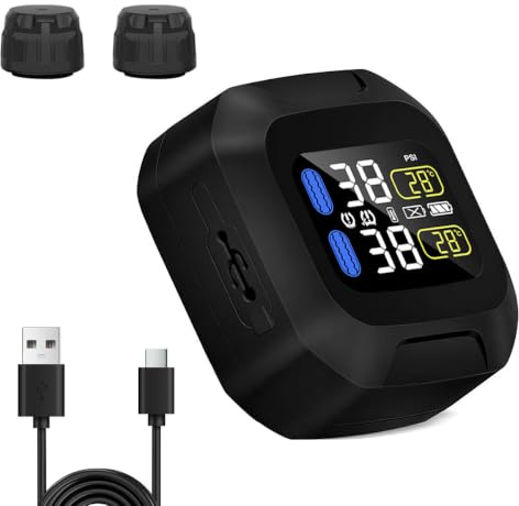 TPMS Motorrad Reifendruckkontrollsystem, LCD Anzeige Kabellos Reifen Detektor mit 2 Externen Sensoren, 0-6BAR/0-87PSI, USB Power,Wasserdichter, für Motorräder, Bike, ATV und Zweirädriges