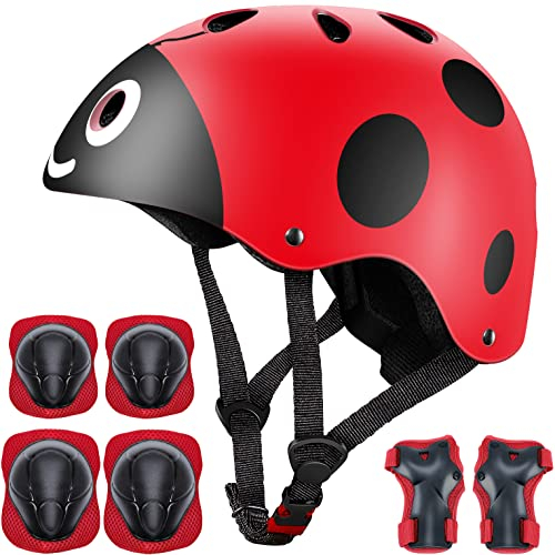 Juego de 7 Almohadillas Protectoras para Deportes al Aire Libre para niños y niñas (Rodilleras, Coderas y muñequeras) (Rojo Escarabajo)
