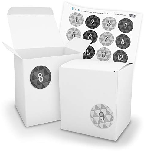 itenga Adventskalender zum Befüllen 24x extra große XL Würfel Schachteln mit Zahlenaufklebern (Würfel WEISS (V18 Z25))