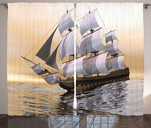 ABAKUHAUS maritim Rustikaler Vorhang, Schiff auf Ozean, Wohnzimmer Universalband Gardinen mit Schlaufen und Haken, 280 x 260 cm, Blasse Taupe
