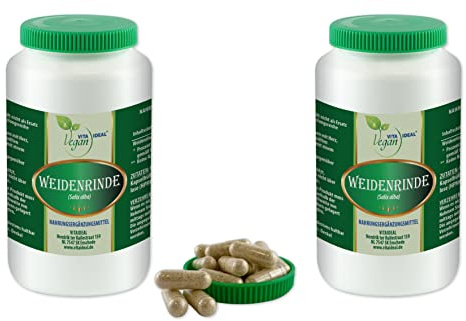 VITA IDEAL Vegan® WEIDENRINDE 2x 360 KAPSELN - Salicis alba Cort - Salicaceae - Tagesportion 460mg - Silber - WEIDEN - RINDE reines Pulver. Pflanzlich, natürlich & ohne Zusatzstoffe.
