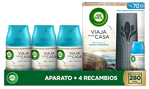 Air Wick Freshmatic, Aparato y 4 Recambios de ambientador spray automático, Aroma a Oasis Turquesa, El embaleje puede variar
