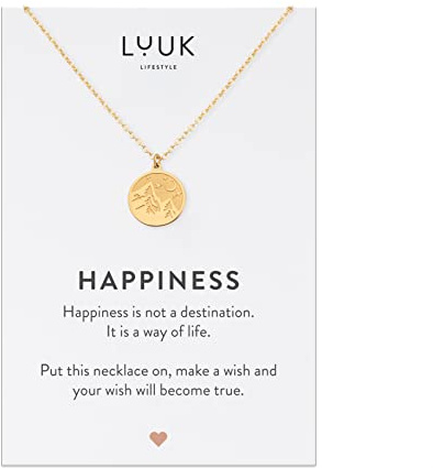 LUUK LIFESTYLE Halskette aus Edelstahl mit Anhänger und HAPPINESS Spruchkarte, Freundschaftskette, Geschenk zum Geburtstag, Damenschmuck, Silber, Gold, Rosé