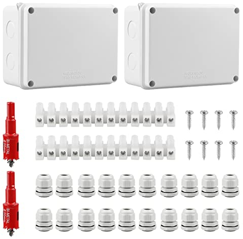 CPROSP 2er Abzweigdose Wasserdicht IP44 Feuchtraumdosen Aufputz-Abzweigkasten 150x110x70mm für Ø6-12 mm, mit 10x Kabelverschraubungen, mit Lochsäge 20mm