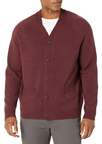 Amazon Essentials Cárdigan de Lana de Cordero con Cuello en V y Bolsillos para Hombre (Anteriormente Goodthreads), borgoña, Talla XS
