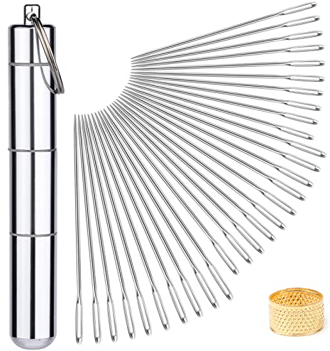Ruasol de 30 aiguilles à broder à grand chas, 3 tailles d'aiguilles à coudre à grand chas, aiguilles pointues pour la couture à la main, aiguille à coudre avec bouteille de rangement et dé à coudre