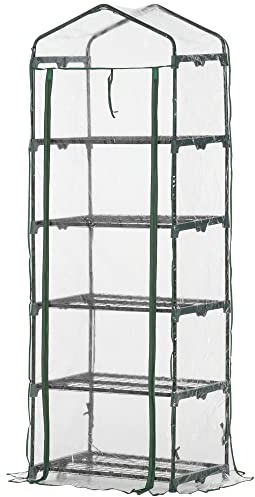 Outsunny Gewächshaus mit Rolltür, Regale, Winterfest Foliengewächshaus aus Stahl, Treibhaus für Balkon, Garten, Tomatenhaus 69 x 49 x 193 cm, Tomatengewächshaus für Tomaten, Blumen, Transparent