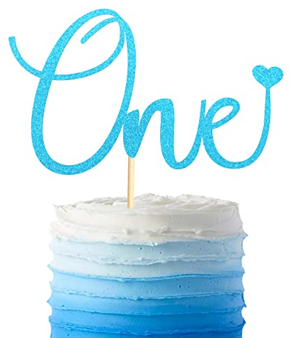 Arthsdite One Cake Topper with Heart Baby First Birthday Cake Decorations for Baby Shower Boys Girls Kids 1st Birthday Party Decorations Supplies - Bule Glitter