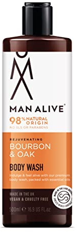 MAN ALIVE Gel doccia da uomo, senza SLS e senza solfati. Regalo ideale per la toelettatura degli uomini (borbone e quercia, singolo)