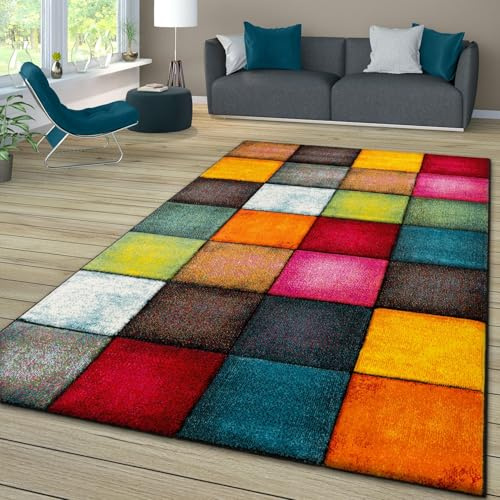 TT Home Wohnzimmer Teppich Bunt Kurzflor Wohnzimmerteppich Meliert 3D Optik Geometrisch, Farbe:Grau Rot Gelb, Größe:120x170 cm