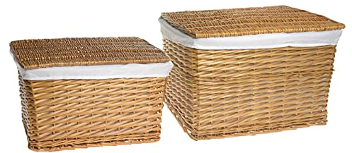 HERSIG - Set 2 Baules Mimbre Natural | Cestas Grandes Rectangulares con Tapa y Forro - 58 x 38 x 38 cm / 50 x 32 x 32 cm - Color Miel