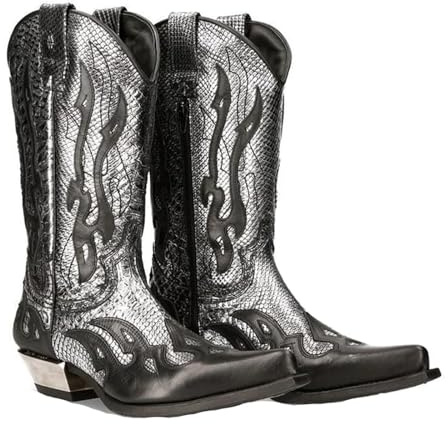 DHAEY Stivali Western da Uomo Stivali da Cavaliere con Tacco Grosso e Punta a Punta Stivali da Equitazione in Pelle Unisex Resistenti allo Scivolamento Classici retrò (Color : Silver, Size : 43 EU)