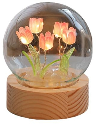 Bewinner Tulpen Blumen Nachtlicht mit Glasabdeckung und Holzsockel - DIY dekoratives Licht für Schreibtisch, Nachttisch, Büro, Schlafzimmer - Pink