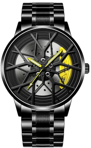 MIDYUID Montre Homme Frein Auto Disques Design Roues de Voiture Jantes Étanche Acier 3D Mode Sport Montre-Bracelet, jaune, Bracelet