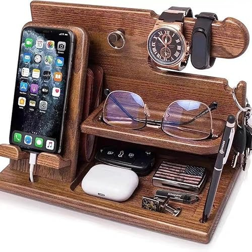 Catekro Holz Telefon Mobile Halterung, Schreibtisch Organizer Holz, Ablage Nachttisch Desk Organizer für Telefon, Geldbörsen, Uhren, Gadget und Schlüssel
