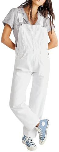 ORANDESIGNE Salopette Casual Stretch Denim Donna Jeans Tuta con Tasche Ragazza Sciolto Overall Lunga Dungarees Casual Pantaloni Bavaglino Jumpsuit Moda Hippie Cinturino A Bianco XL