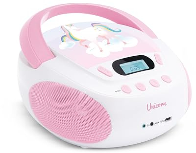 MOOOV 477407 Lecteur CD Enfant Licorne MP3 et Port USB - AUX-in - Prise Casque - Poste Portable avec Poignée de Transport - Alimentation Secteur ou Piles - Rose et Blanc