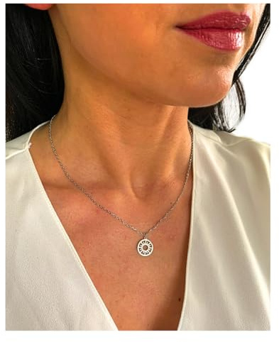 NataschaWoge® SONNE Medaille 3D minimalistischer Schmuck EDELSTAHL Gold Silber Kette Halskette + Anhänger Geschenk für Sie Hollow Sun Goldkette (Silber)