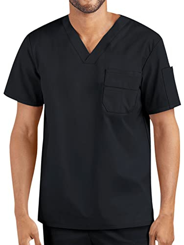 Blouse Medicale Homme à Manches Courtes Blouse Medicale Tunique Blouse De Travail pour Homme Avec Poches Esthéticienne Professionnelle Uniforme pour Dentiste, Infirmiere,Pharmacie (Black, XL)