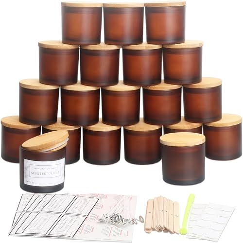 Milivixay Confezione da 20 barattoli per candela in vetro ambrato smerigliato da 113,4 g, con coperchio e kit per la creazione di candele