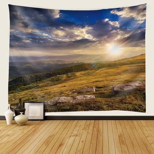 Mesnt Wandteppich Berg-Landschaft, Berge und Sonnenscheinlandschaft Tapisserie Wandbehang für Wohnzimmer Schlafzimmer Wohnheim Wanddeko, 240x220cm