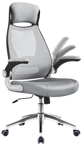 SONGMICS Chaise de Bureau, Fauteuil Pivotant, Siège avec Accoudoirs Rabattables, Appui-tête et Support Lombaire, Dossier Inclinable, Surface en Toile, Gris Tourterelle OBN086G01