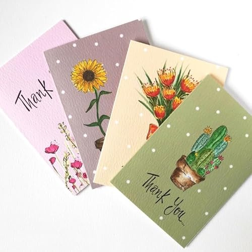16 Thank You Cards Quality Recycled Card Multipack 4 Flower Themed Designs Folded to A6 Self Seal White Envelopes Included. Hand Illustrated Watercolour. (pack of 16)