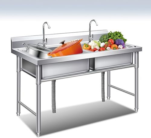 Spülbecken Outdoor Spüle,Spülbecken Edelstahl 2 Becken,Camping Waschbecken Ausgussbecken Spülenschrank Mit Abläufen Und Wasserhähnen Für Hotels,Restaurants,Küchen Einfach Zu Montieren(100*60*80cm/39.3