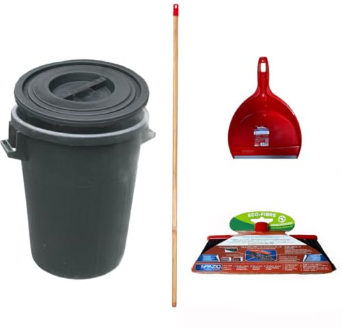 Generico Bidone per Immondizia Rifiuti in Plastica Nero con Coperchio + Scopa, Manico in Legno e Paletta - Bidone 50L