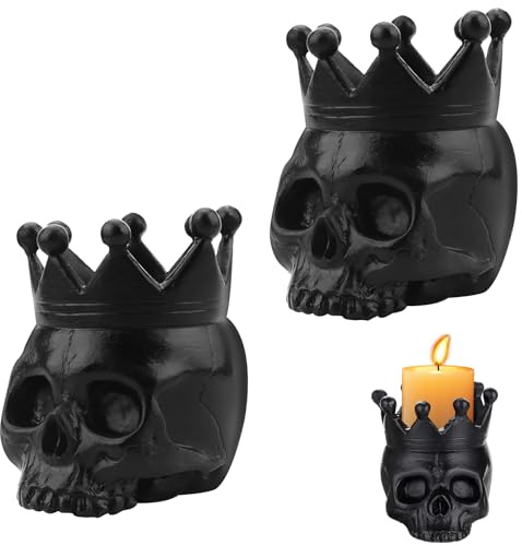 Totenkopf Kerzenhalter, FainFun 2 Stück Totenkopf Kerzenständer, Schädel Kerzenhalter Für Tisch Heimdekoration, Totenkopf Deko Kerze, Kerzenleuchter Gothic für Weihnachten Allerheiligen(Schwarz)