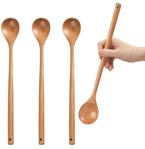UPTALY 4 pcs Extra Long Wood Mixing Spoons (34 cm, Caramel Colour Hemu Wood), Natural Wooden Spoon with Long Handle, Tasting Spoons, Slim Cooking Spoon Set, for Kitchen Stirring and Cooking