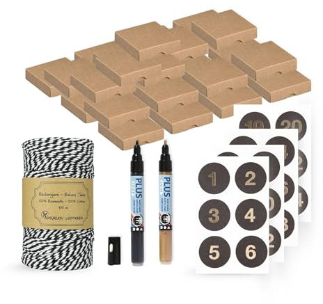 Calendrier de l'Avent avec boîtes pliantes, autocollants noirs, fil de boulangerie et marqueurs