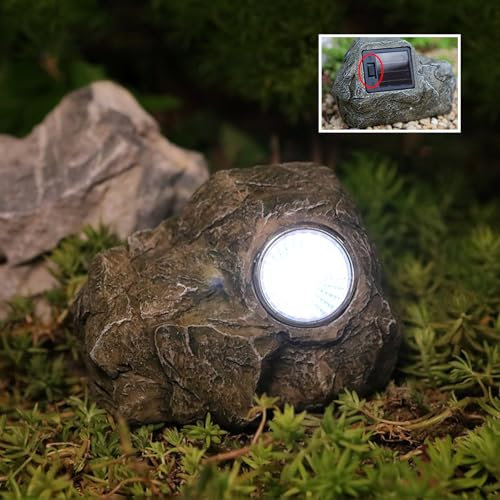 Sasso Nascondi Chiave Esterno,Liuer Con Luce Solare LED Pietra Nascondiglio Chiave con Scomparto Segreto,Roccia Artificiale per Geocaching per Giardini, Cortili e Uso Esterno