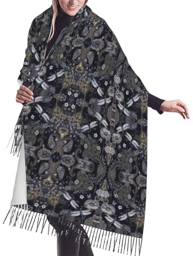 CHARMERM Damen-Schal, Libellen, Kaschmir-ähnlich, warm, Fransenschal, 190 x 68 cm, Grau, Schwarz, EinheitsgröÃŸe