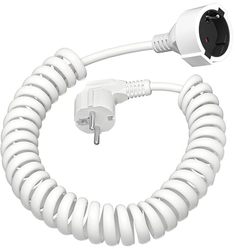 Cavo di Prolunga a Spirale 230 V: 0,8 m su 3 m,Cavo Prolunga Estensibile IP20 (16 A) Cavo Prolunga con Contatto di Protezione Cavo a Spirale Estensibile - Bianco